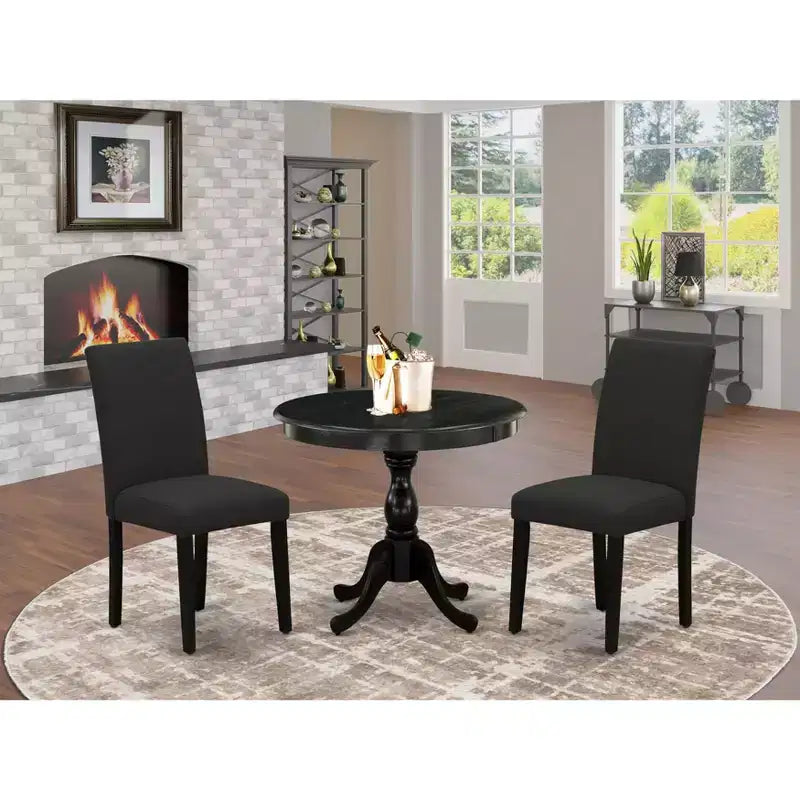 HomeStock Belmont Set da pranzo 3 pezzi Contiene 1 tavolo da pranzo in legno e 2 sedie da pranzo in tessuto di lino nero, schienale alto – Finitura nera spazzolata a filo metallico