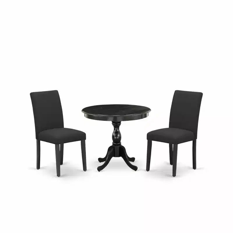 HomeStock Belmont Set da pranzo 3 pezzi Contiene 1 tavolo da pranzo in legno e 2 sedie da pranzo in tessuto di lino nero, schienale alto – Finitura nera spazzolata a filo metallico