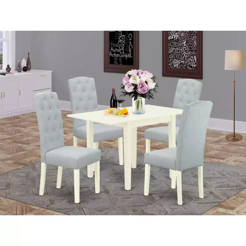 HomeStock Belmont Set Sala da Pranzo 5 pezzi - 4 sedie per sala da pranzo e un tavolo da pranzo in legno - Finitura Lino Bianco Legno massello - Tessuto in lino colore Celeste