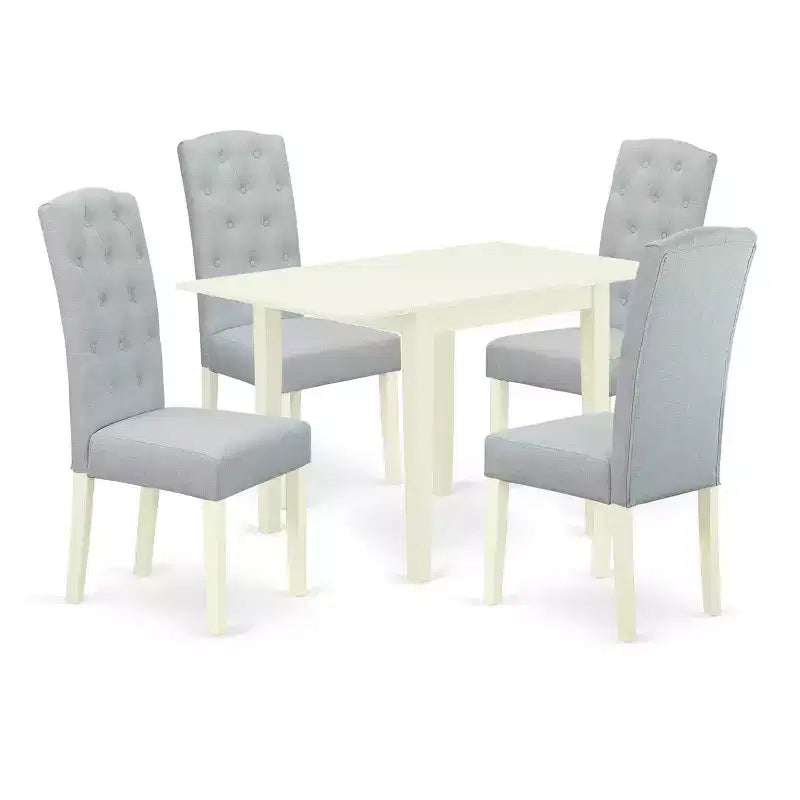 HomeStock Belmont Set Sala da Pranzo 5 pezzi - 4 sedie per sala da pranzo e un tavolo da pranzo in legno - Finitura Lino Bianco Legno massello - Tessuto in lino colore Celeste