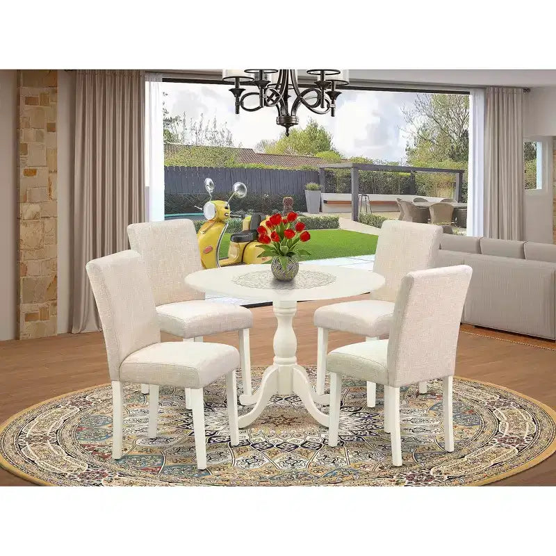 Set da pranzo moderno HomeStock Belmont 5 pezzi con 1 tavolo da pranzo con ante a ribalta e 4 sedie da sala da pranzo in tessuto di lino beige chiaro - Finitura bianco lino