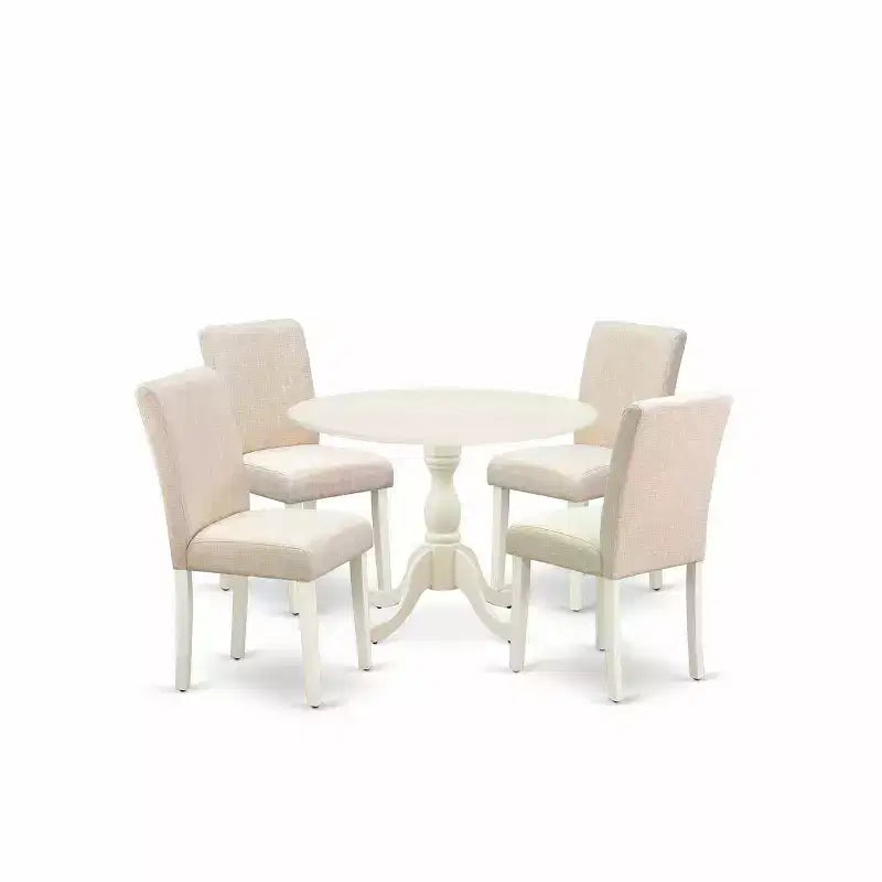 Set da pranzo moderno HomeStock Belmont 5 pezzi con 1 tavolo da pranzo con ante a ribalta e 4 sedie da sala da pranzo in tessuto di lino beige chiaro - Finitura bianco lino