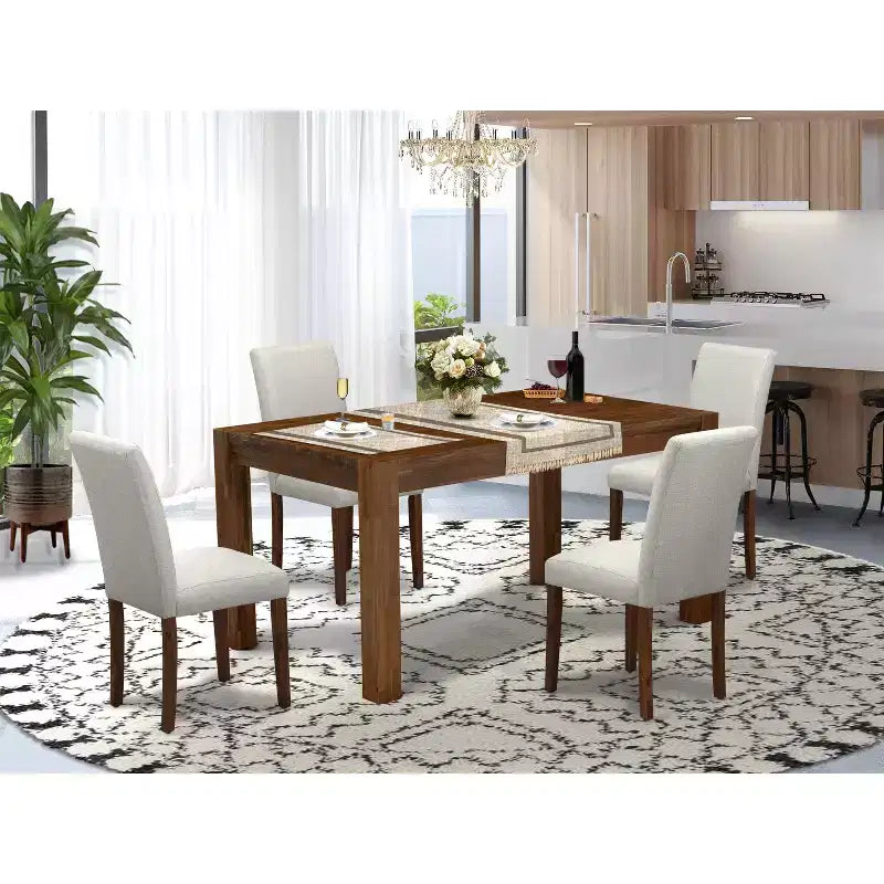 Set da pranzo moderno HomeStock Belmont 5 pezzi - 4 sedie da pranzo, tavolo da pranzo in legno - Seduta in tessuto lino grigio, schienale alto (finitura noce anticato)
