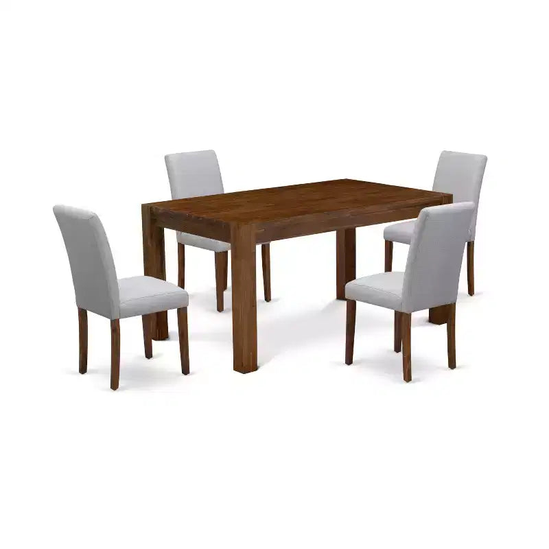 Set da pranzo moderno HomeStock Belmont 5 pezzi - 4 sedie da pranzo, tavolo da pranzo in legno - Seduta in tessuto lino grigio, schienale alto (finitura noce anticato)