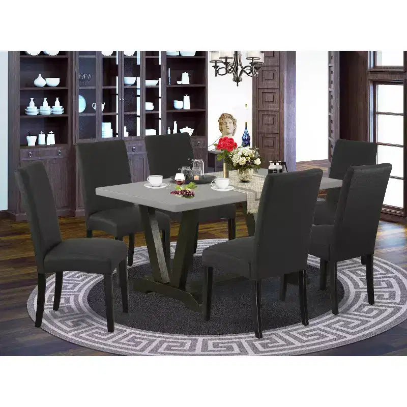 HomeStock Belmont 7-Pc Dining Room Set- 6 Dining Room Chairs and Rectangular Table Top, Cement and Black Finish