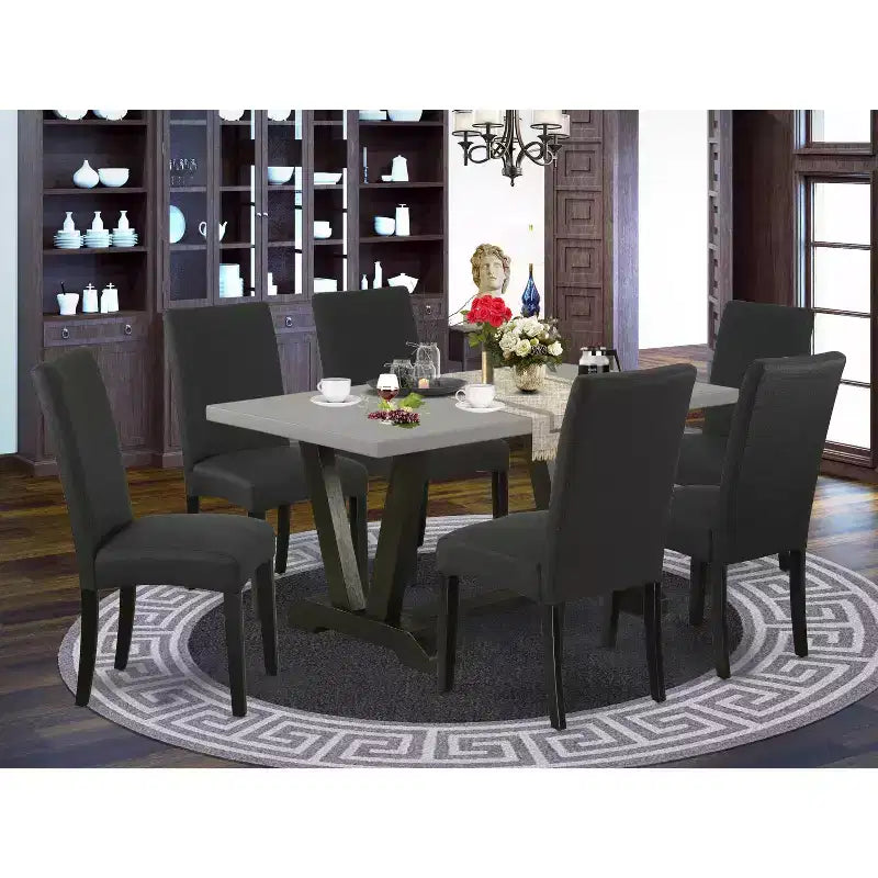 Set da pranzo HomeStock Belmont 7 pezzi - 6 sedie da pranzo e piano tavolo rettangolare, finitura cemento e nero