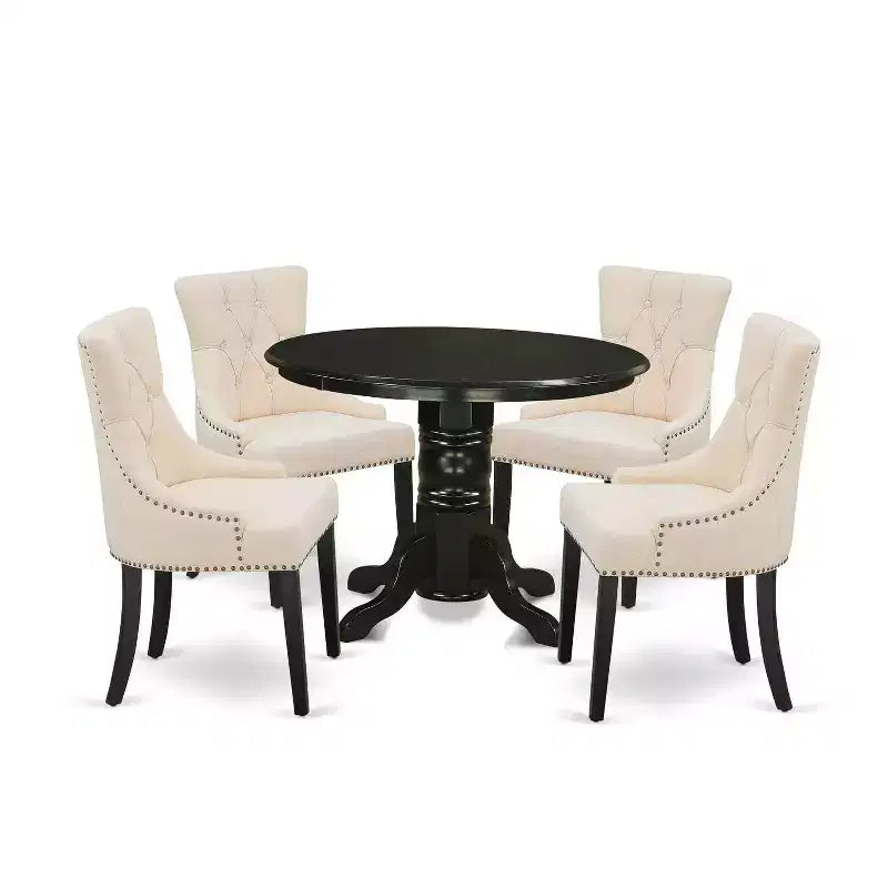 HomeStock Belmont, set di mobili da sala da pranzo da 5 pezzi, include un tavolo da pranzo rotondo con piedistallo e 4 sedie con seduta in legno, 42x42 pollici, bianco lino