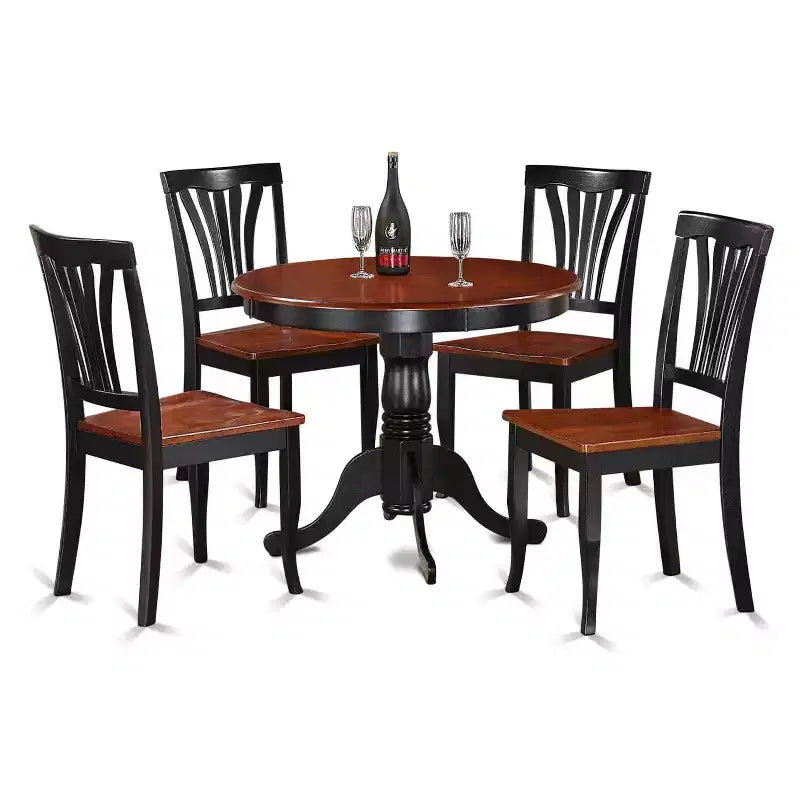 HomeStock Belmont, set di mobili da sala da pranzo da 5 pezzi, include un tavolo da pranzo rotondo con piedistallo e 4 sedie con seduta in legno, 42x42 pollici, bianco lino