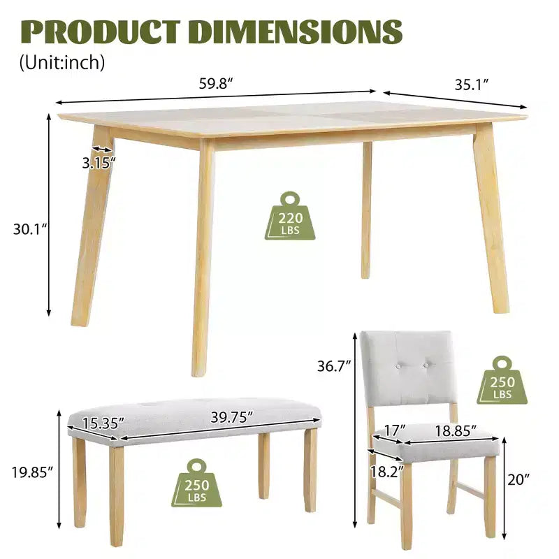 Set tavolo da pranzo in legno da 6 pezzi, tavolo rettangolare da sala da pranzo con 4 sedie imbottite e panca