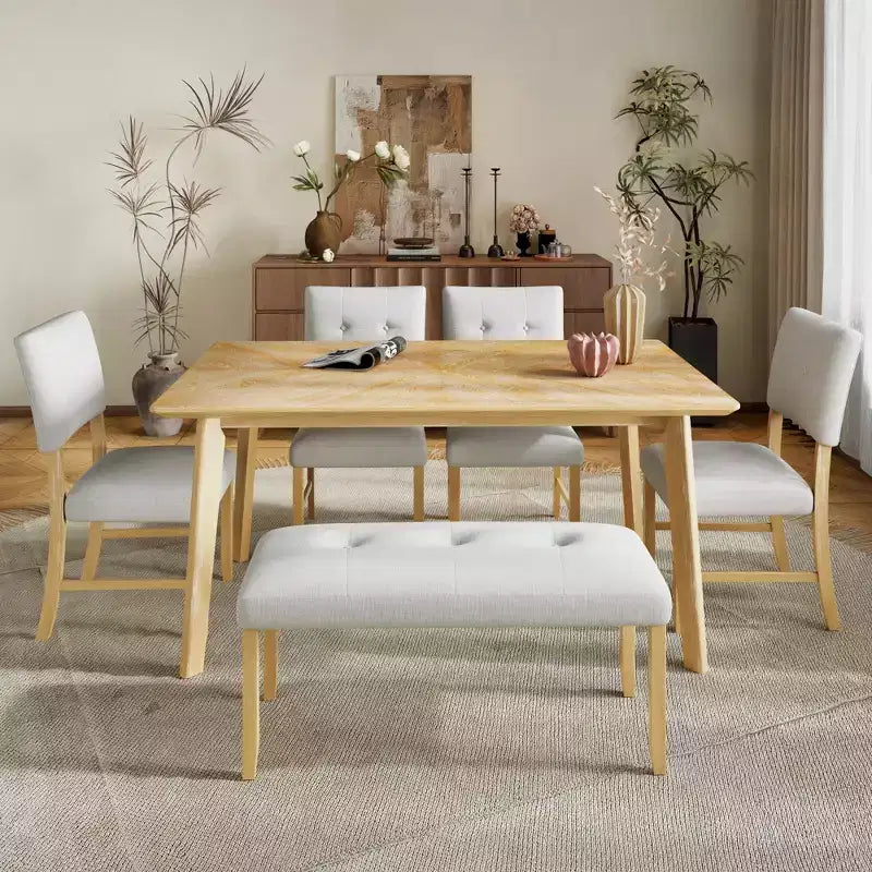 Set tavolo da pranzo in legno da 6 pezzi, tavolo rettangolare da sala da pranzo con 4 sedie imbottite e panca