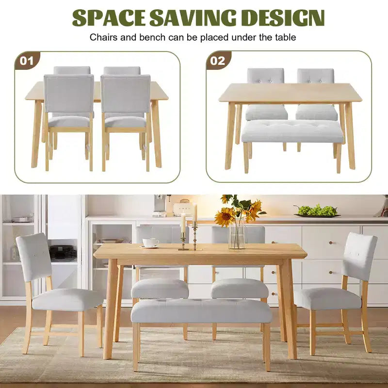 Set tavolo da pranzo in legno da 6 pezzi, tavolo rettangolare da sala da pranzo con 4 sedie imbottite e panca