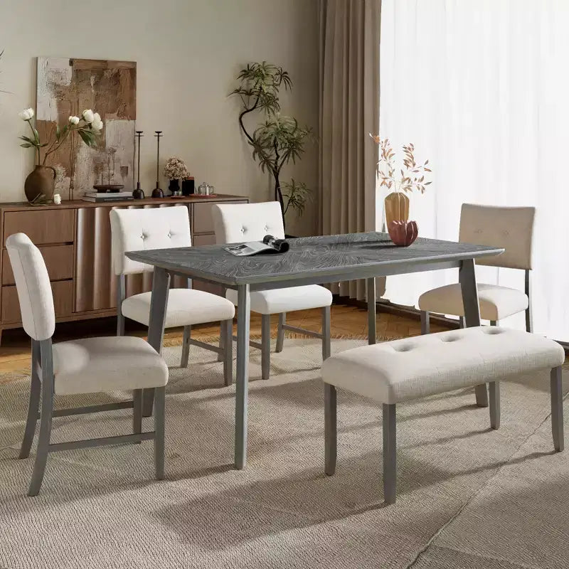 Set tavolo da pranzo in legno da 6 pezzi, tavolo rettangolare da sala da pranzo con 4 sedie imbottite e panca