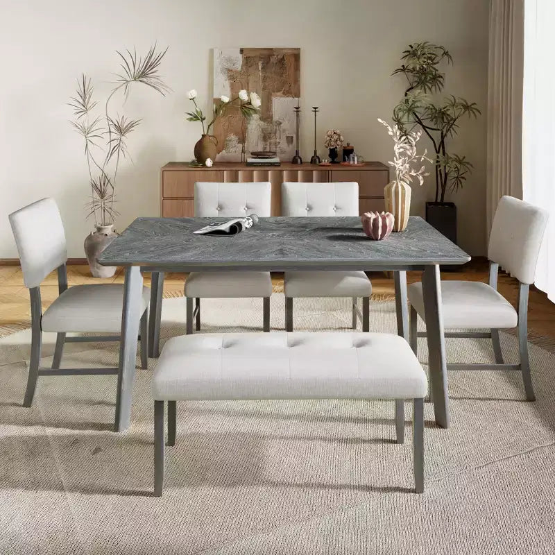 Set tavolo da pranzo in legno da 6 pezzi, tavolo rettangolare da sala da pranzo con 4 sedie imbottite e panca