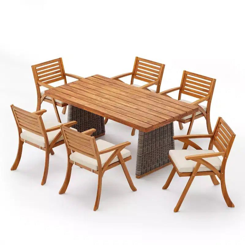 Christopher Knight Home Diana Set da Pranzo Rustico da Esterno 7 Pezzi in Rattan e Legno di Acacia a Doghe con Cuscini