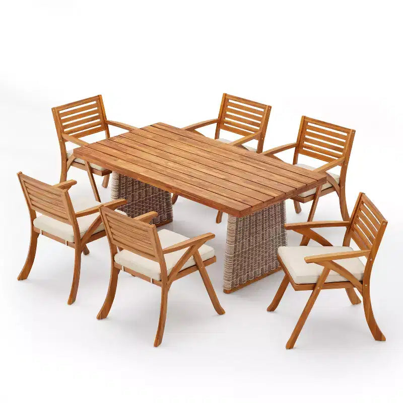 Christopher Knight Home Diana Set da Pranzo Rustico da Esterno 7 Pezzi in Rattan e Legno di Acacia a Doghe con Cuscini