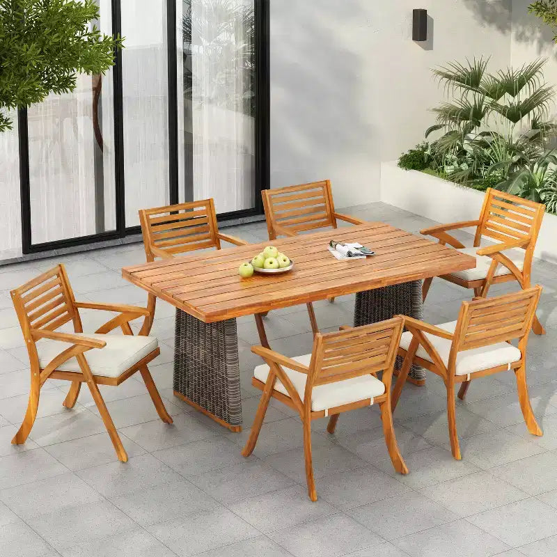 Christopher Knight Home Diana rustikales 7-teiliges Outdoor-Esszimmer-Set aus Rattan mit Lamellen und Akazienholz, mit Polstern
