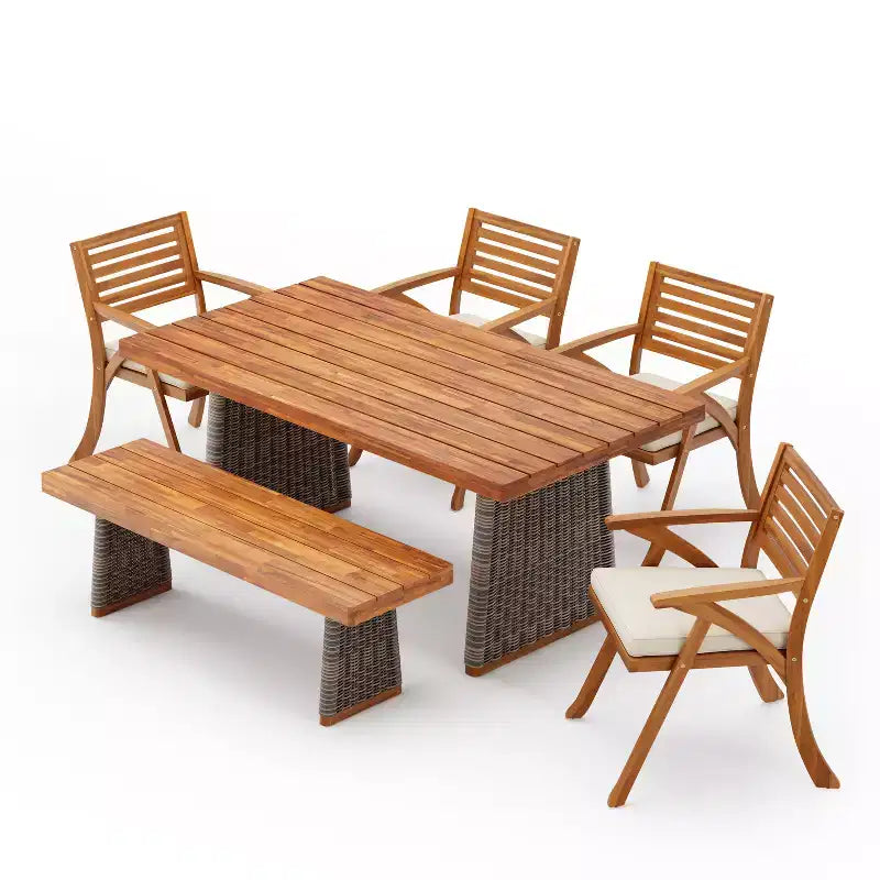 Christopher Knight Home Clara Set da Pranzo Rustico da Esterno 6 Pezzi in Rattan e Legno di Acacia con Cuscini