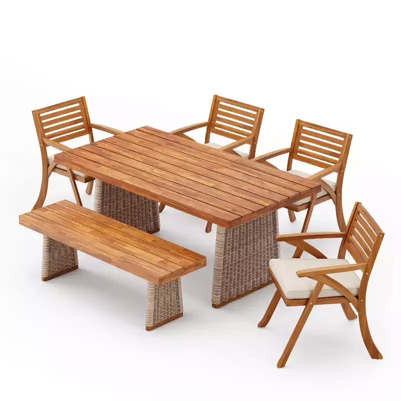 Christopher Knight Home Clara Set da Pranzo Rustico da Esterno 6 Pezzi in Rattan e Legno di Acacia con Cuscini