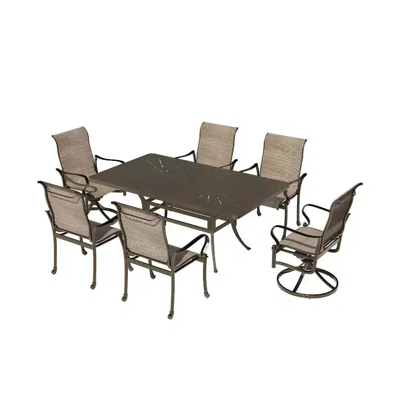 Mondawe Set da pranzo da esterno da 7 pezzi in alluminio fuso con 2 sedie girevoli, 4 poltrone e 1 tavolo rettangolare