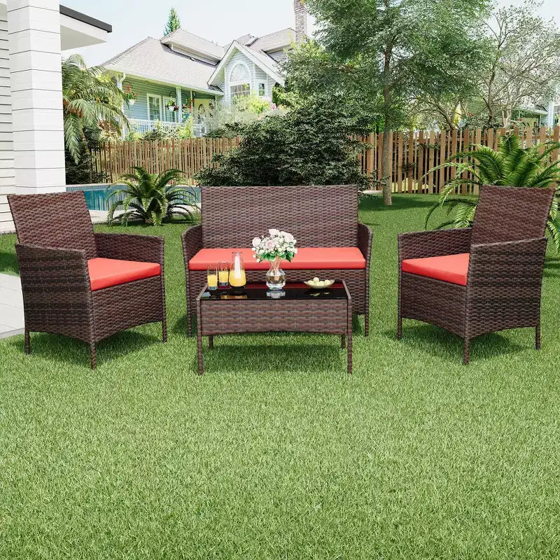 Set da 4 mobili da giardino, sedie in rattan da esterno, divano in rattan All-Weather Dialogue con imbottitura e tavolino in vetro