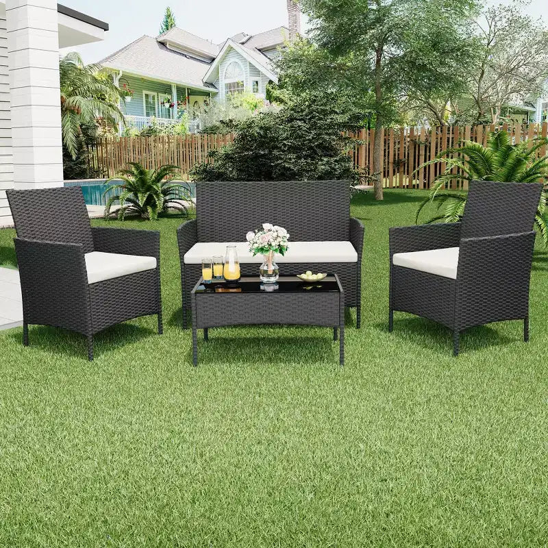 Set da 4 mobili da giardino, sedie in rattan da esterno, divano in rattan All-Weather Dialogue con imbottitura e tavolino in vetro