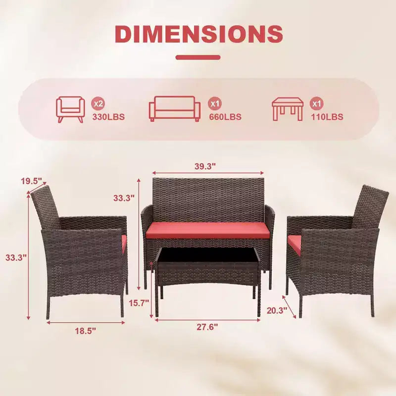 Set da 4 mobili da giardino, sedie in rattan da esterno, divano in rattan All-Weather Dialogue con imbottitura e tavolino in vetro