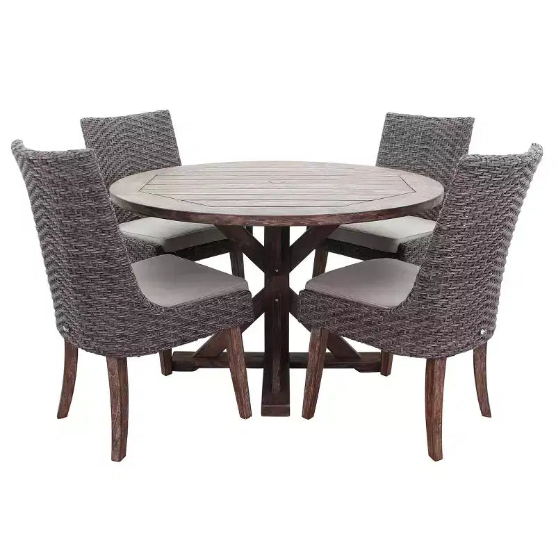 Courtyard Casual Bermuda FSC Teak 5 pc 48 Flag Leg FSC Teak Dining Set Includes one 48 Round Dining Table and four Dining Chairs