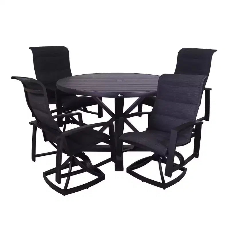 Courtyard Casual Santorini 5 pc Motion 48 Round Dining set Includes: One Round Table and Four Padded Swivel Sling Chairs