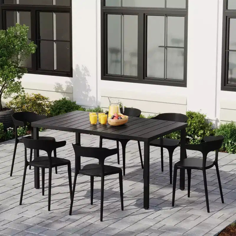 WestinTrends Playa Set da Pranzo da Esterno in Metallo Rettangolare a 7 Pezzi con Sedie da Pranzo Impilabili in Plastica per 6 Persone