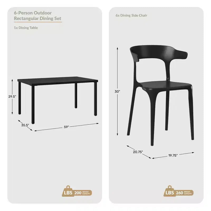 WestinTrends Playa Set da Pranzo da Esterno in Metallo Rettangolare a 7 Pezzi con Sedie da Pranzo Impilabili in Plastica per 6 Persone