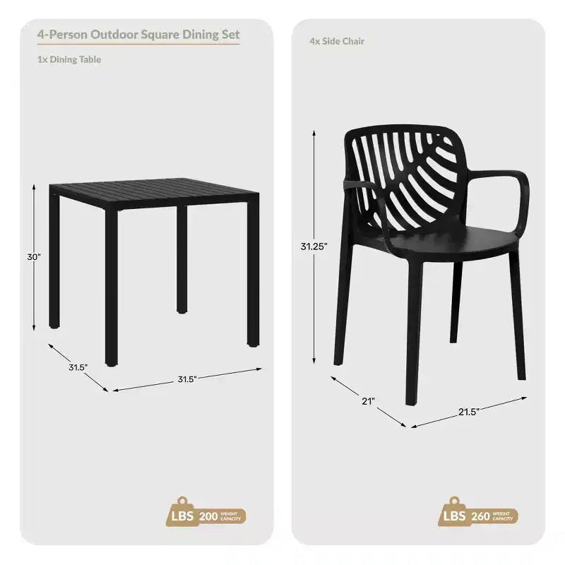 WestinTrends Playa Set da Pranzo Quadrato per Esterni da 5 Pezzi con Sedie Impilabili