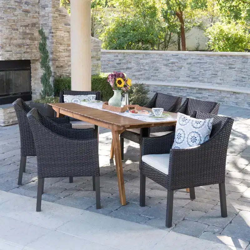 Christopher Knight Home Vivian Outdoor Wicker and Acacia Wood 7 Piece Dining Set with Cushion