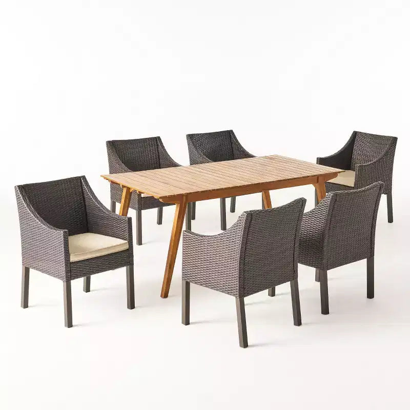 Christopher Knight Home Vivian Set da pranzo da esterno in 7 pezzi in vimini e legno di acacia con cuscini
