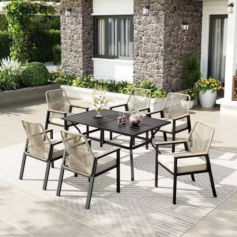 Captiva Designs 7pc Outdoor Dining Rectangular Slat-top Steel Table & Beige Rattan Fixed Chairs