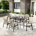 Captiva Designs 7pc Outdoor Dining Rectangular Slat-top Steel Table & Beige Rattan Fixed Chairs
