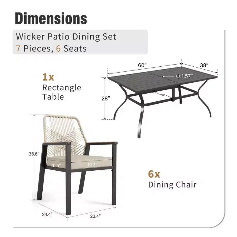 Captiva Designs Set da pranzo da 7 pezzi per esterni con tavolo rettangolare in acciaio con piano a doghe e sedie fisse in rattan beige