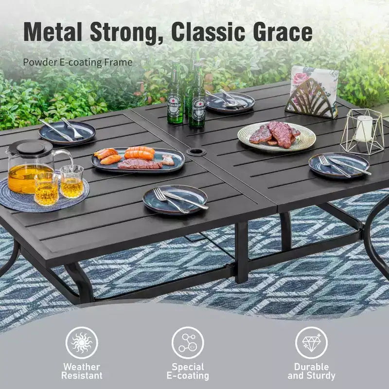 Captiva Designs Set da pranzo da 7 pezzi per esterni con tavolo rettangolare in acciaio con piano a doghe e sedie fisse in rattan beige