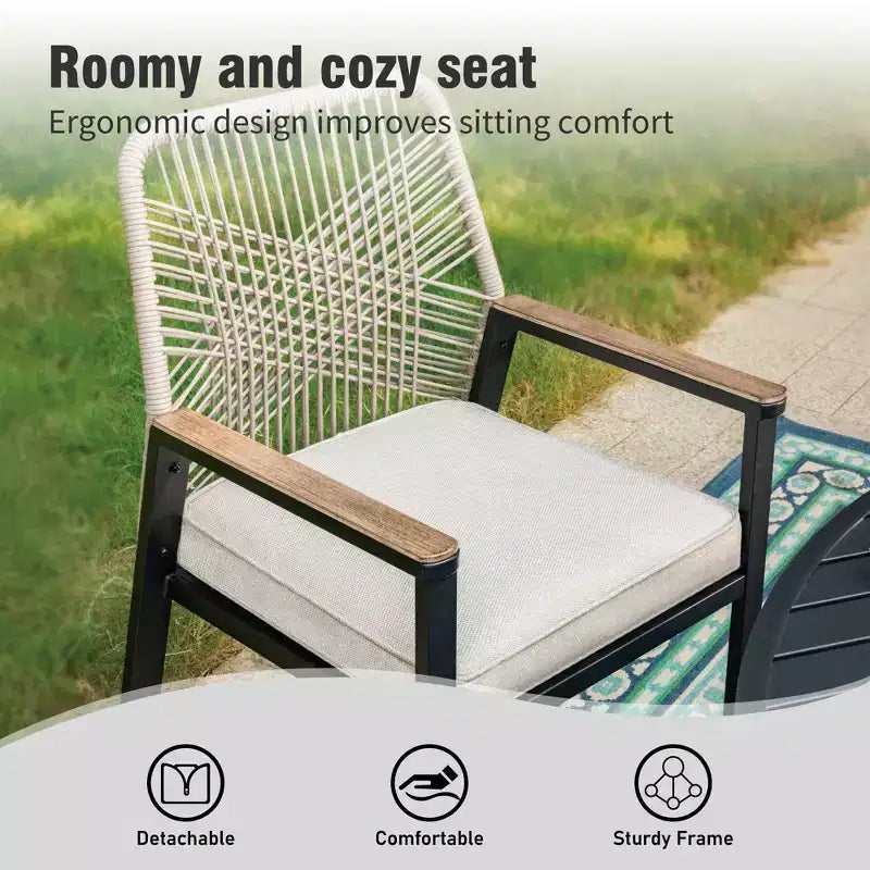 Captiva Designs Set da pranzo da 7 pezzi per esterni con tavolo rettangolare in acciaio con piano a doghe e sedie fisse in rattan beige