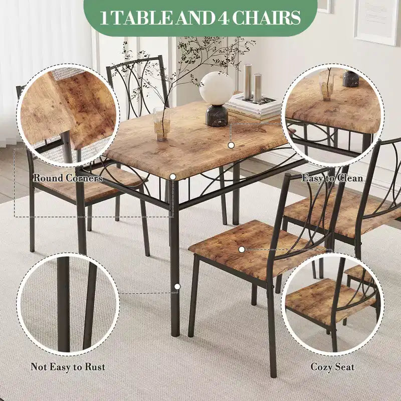 Set da pranzo moderno 5 pezzi, tavolo salvaspazio e 4 sedie, struttura in metallo, Retro/Grigio
