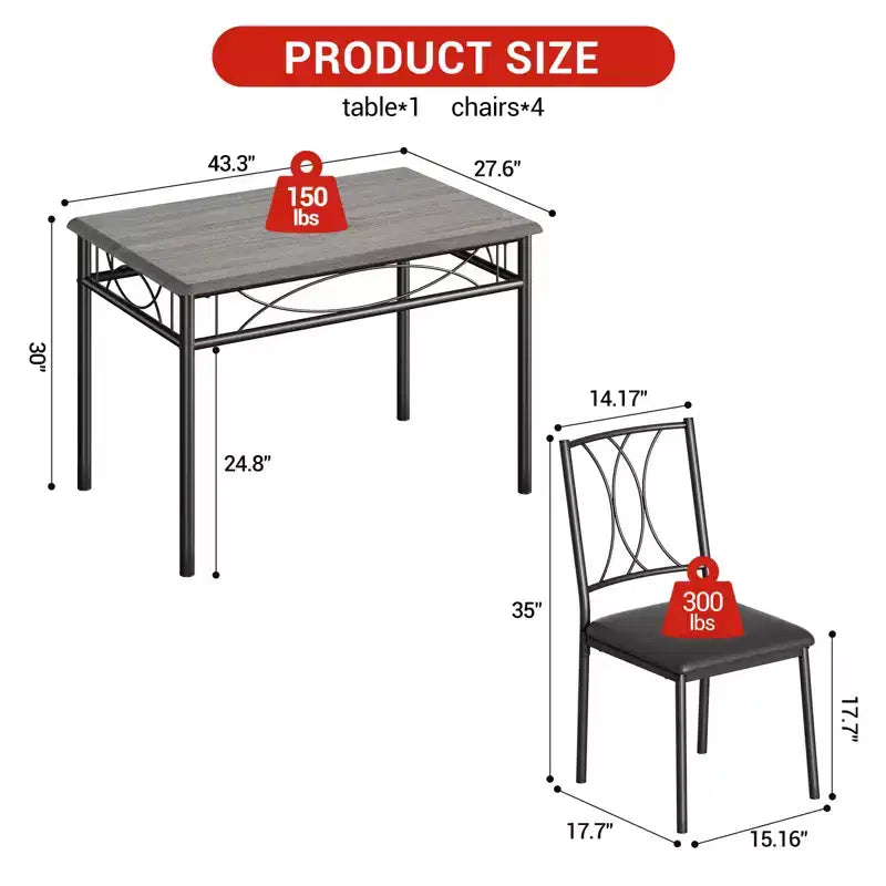Set da pranzo moderno 5 pezzi, tavolo salvaspazio e 4 sedie, struttura in metallo, Retro/Grigio