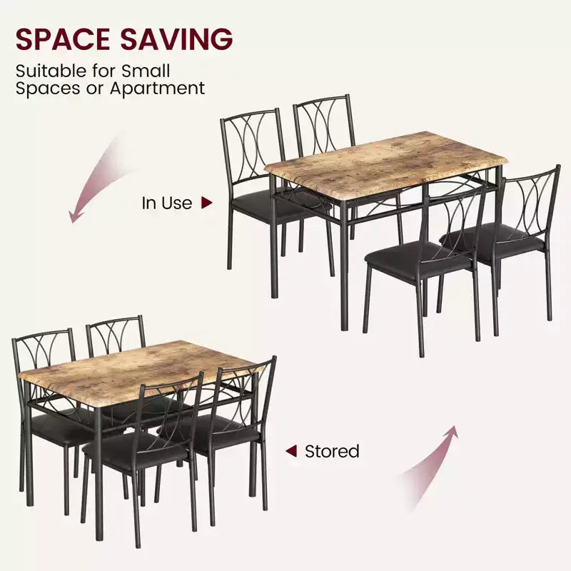 Set da pranzo moderno 5 pezzi, tavolo salvaspazio e 4 sedie, struttura in metallo, Retro/Grigio
