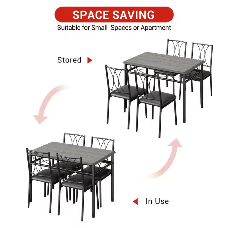 Set da pranzo moderno 5 pezzi, tavolo salvaspazio e 4 sedie, struttura in metallo, Retro/Grigio