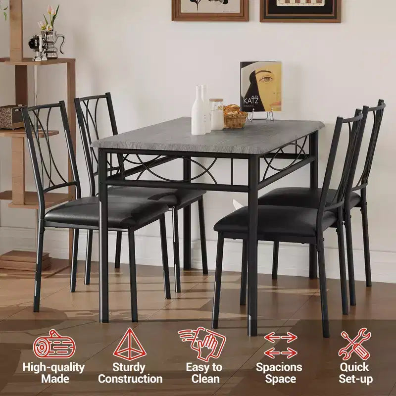 Set da pranzo moderno 5 pezzi, tavolo salvaspazio e 4 sedie, struttura in metallo, Retro/Grigio