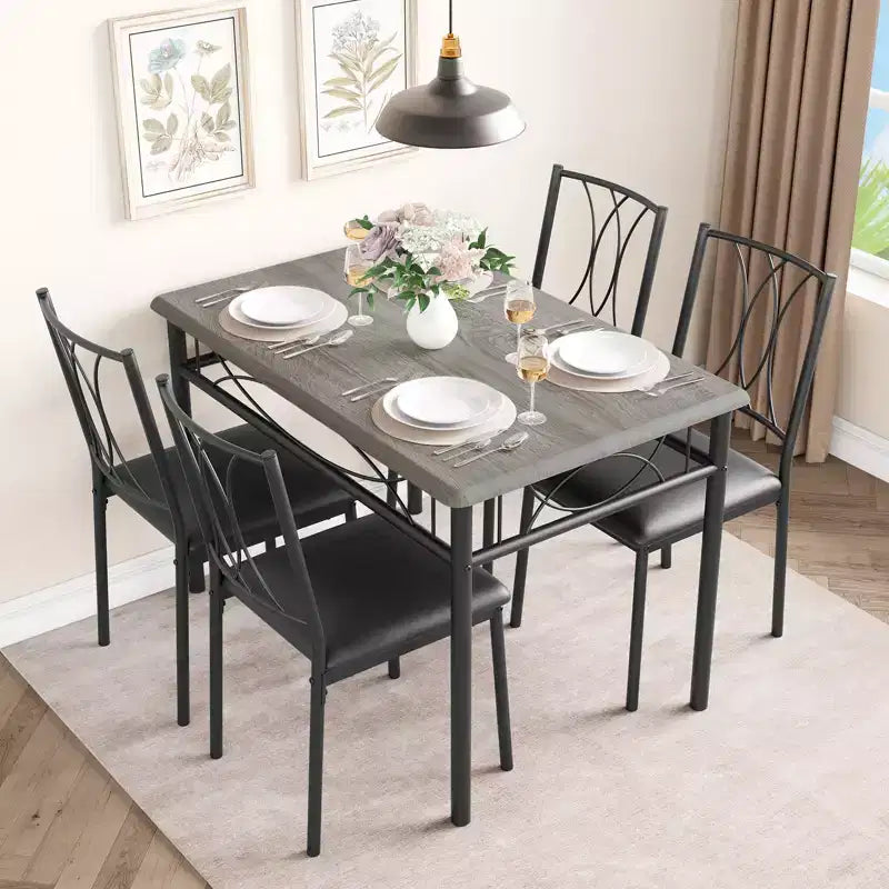 5-Piece Modern Dining Table Set, Small Space Table & 4 Chairs, Metal Frame, Retro/Gray