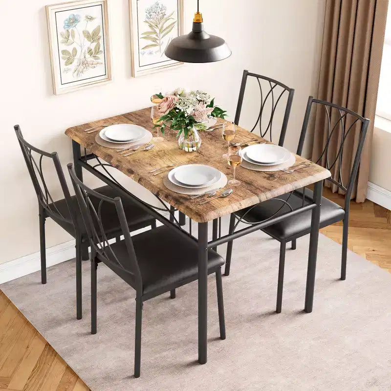 Moderne 5-teilige Essgruppe, Tisch und 4 Stühle für kleine Räume, Metallgestell, Retro/Grau