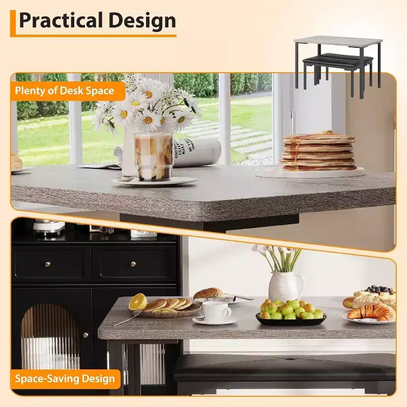 Set tavolo da pranzo 43.3 per 4 persone con 2 panche imbottite morbide, telaio in metallo, set tavolo da cucina rettangolare da 3 pezzi salvaspazio per la casa