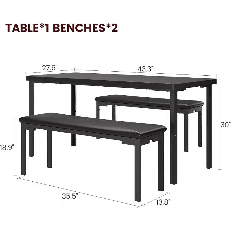 Set tavolo da pranzo 43.3 per 4 persone con 2 panche imbottite morbide, telaio in metallo, set tavolo da cucina rettangolare da 3 pezzi salvaspazio per la casa
