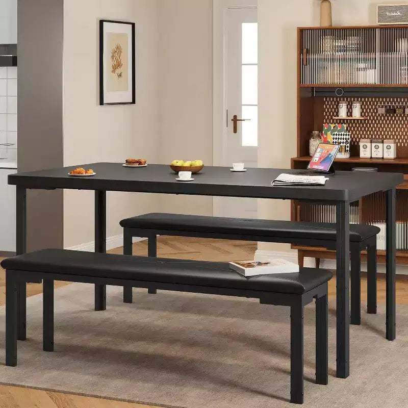 Set tavolo da pranzo 43.3 per 4 persone con 2 panche imbottite morbide, telaio in metallo, set tavolo da cucina rettangolare da 3 pezzi salvaspazio per la casa