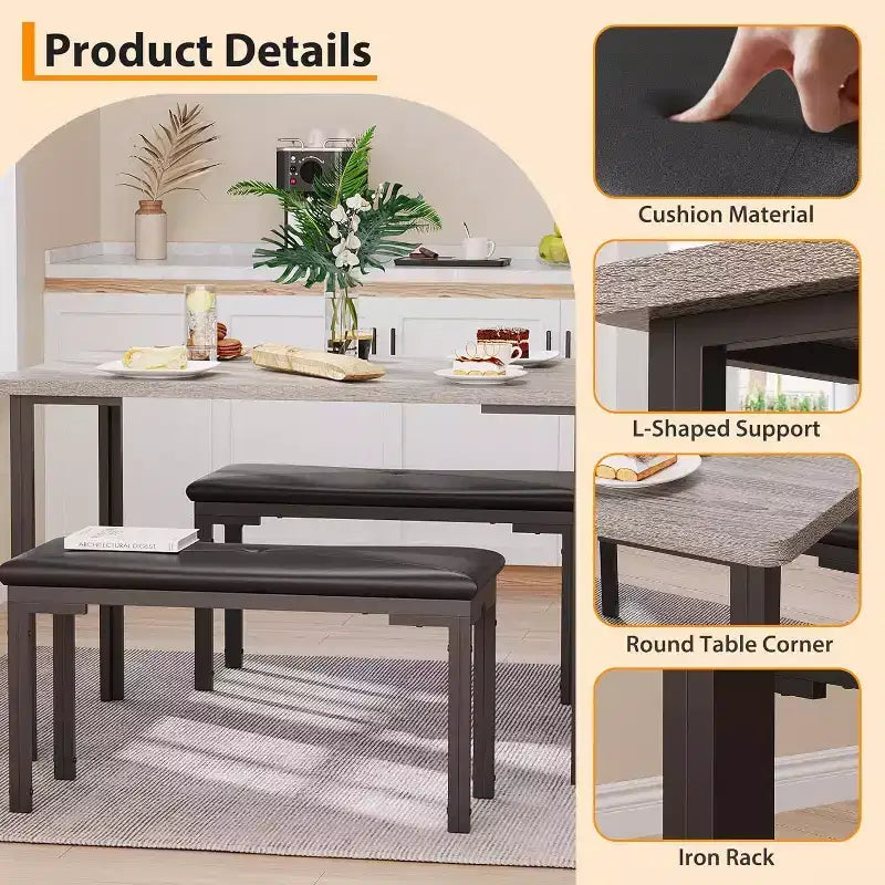 Set tavolo da pranzo 43.3 per 4 persone con 2 panche imbottite morbide, telaio in metallo, set tavolo da cucina rettangolare da 3 pezzi salvaspazio per la casa