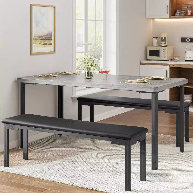 Set da pranzo da 43.3 per 4 persone con 2 panche imbottite morbide, struttura in metallo, set da cucina rettangolare da 3 pezzi salvaspazio per la casa